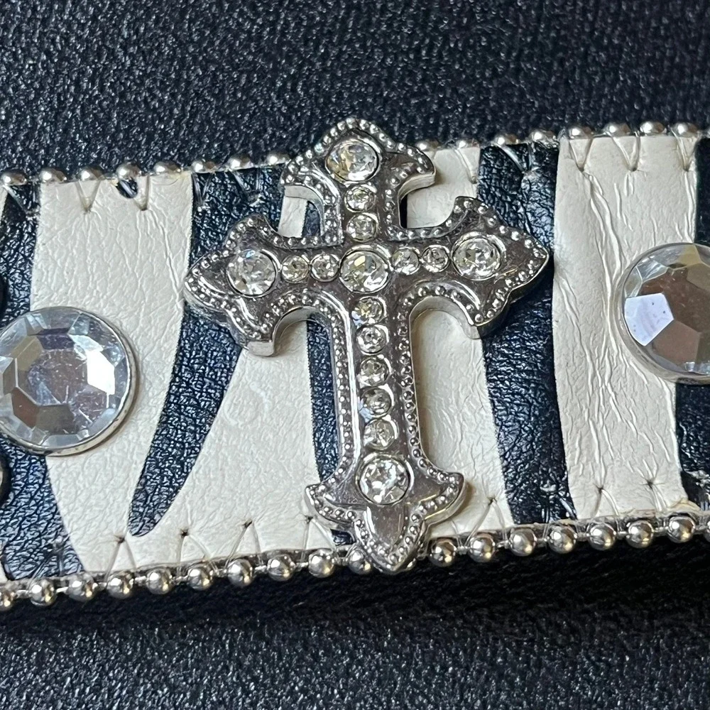 BHW Zebra Print Rhinestone Western Belt L Genuine Leather Cross Studded Rodeo